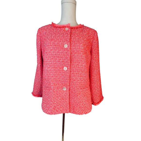 Talbots 14P Petites Tweed Pink/Coral/Red Button Front Jacket Polyester Acrylic - Picture 2 of 16